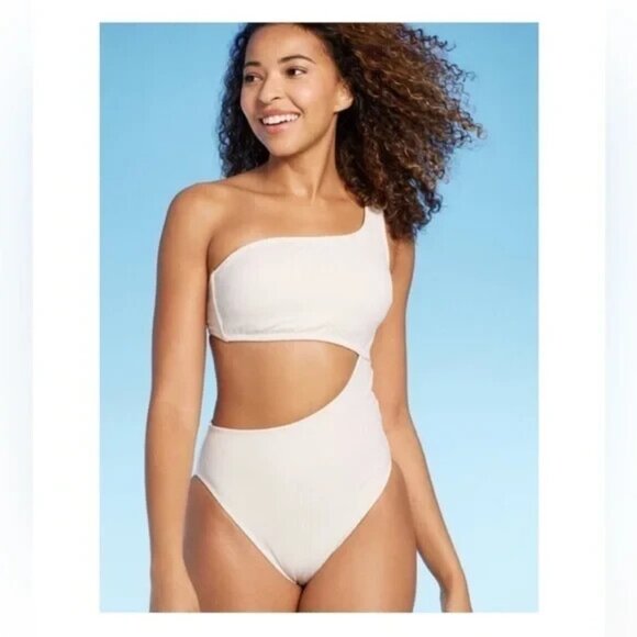 Shade & Shore Womens Ribbed 1-Shoulder Cut-Out Cheeky 1 Piece Swimsuit Ivory Siz - Picture 1 of 16